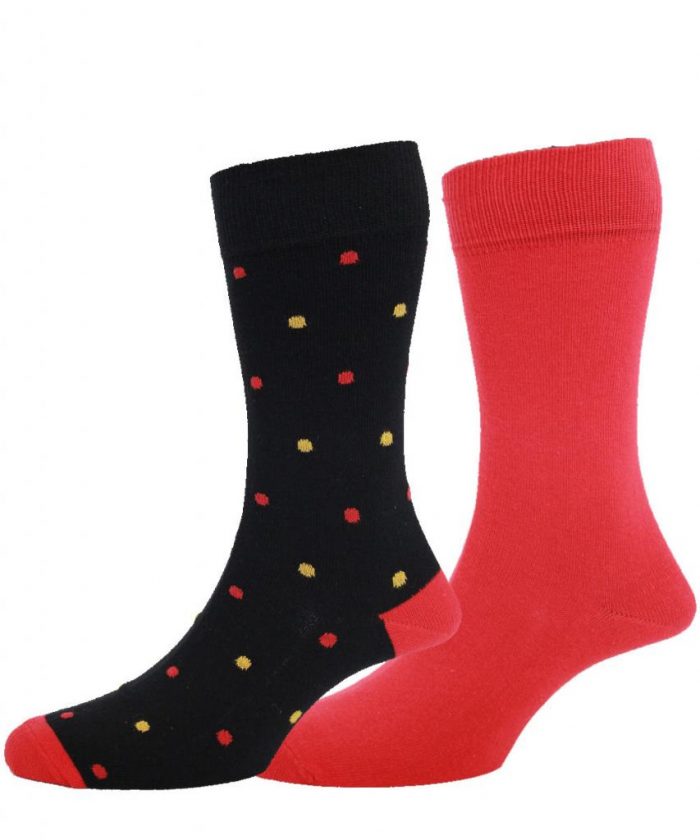 HJ 2Pack Luxury Cotton Rich Spotted Socks - Red / Black