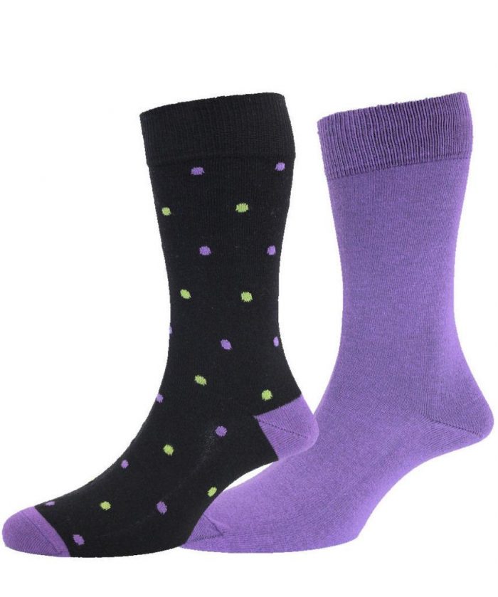 HJ 2Pack Luxury Cotton Rich Spotted Socks - Purple / Black