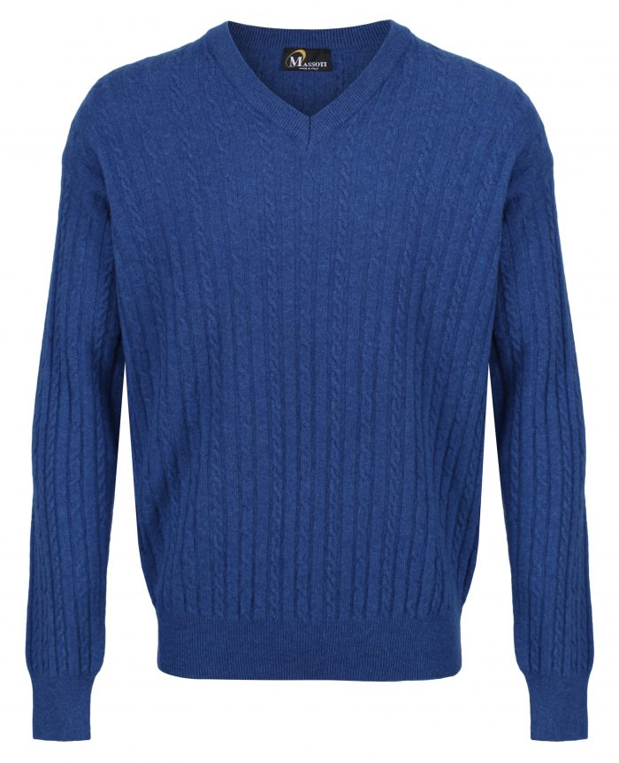 Massoti 100% Lambswool Fine Knit Cable V-Neck
